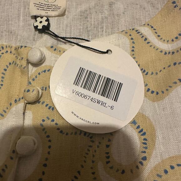 VRG GRL white yellow sleeveless linen top blouse size 6 front buttons back tie - Picture 3 of 8
